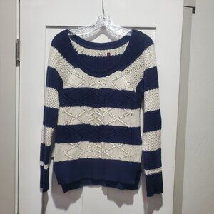 SO Chunky Knit Striped Sweater Large Navy Blue White Metallic Thread Crew Neck